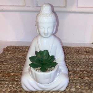 Porcelain Buddha Plant holder, with faux cactus and rock display. New no flaws!